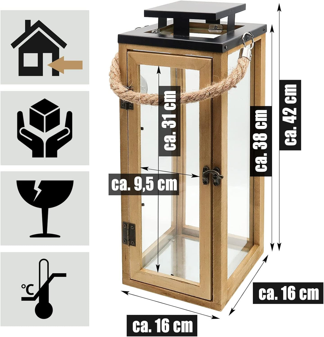 Dekovita 42cm Holz-Laterne - Gartenlaterne mit Glas-Scheiben und Kordel-Henkel - Windlicht Deko-Late
