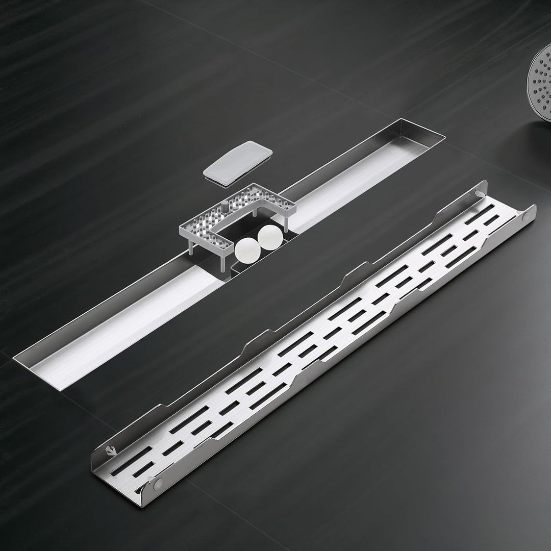 Duschrinne 60cm Gebürstet, 360° Siphon mit Geruchsstop und Haarsieb, 304 Edelstahl Ablaufrinne Boden