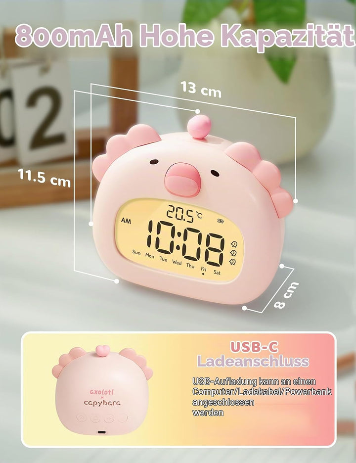 IHALO Cute Axolotl Kinderwecker, Nachttischwecker mit Nachtlicht, digitales LED-Display, 3,15 Zoll,