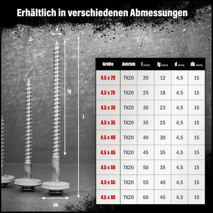 200 Stück SCREW REBEL Spenglerschrauben 4,5 x 50 mm - Edelstahl A2, Inox mit EPDM-Dichtscheibe Ø15mm