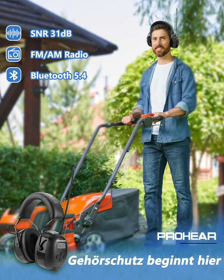 PROHEAR 033 Gehörschutz mit Radio, SNR31dB - Ohrenschützer mit Bluetooth FM/AM, Eingebautem Mikrofon