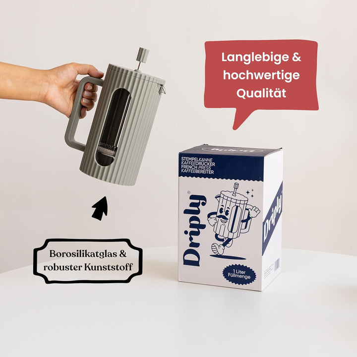 Driply French Press aus Glas – Edelstahlfilter & hitzebeständiges Borosilikatglas – 1000 ml (1L, 1 L