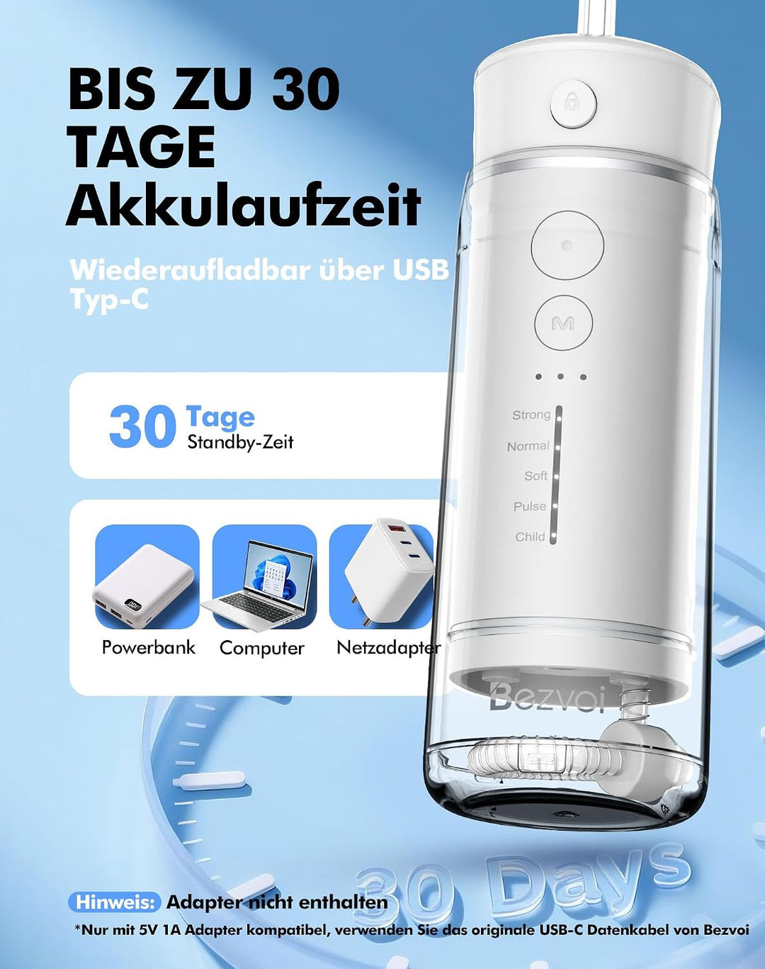 Reise Munddusche Kabellos Zahnreinigung: Oral Irrigator mit 5 Modi, 180ML Wassertank IPX7 Wasserdich