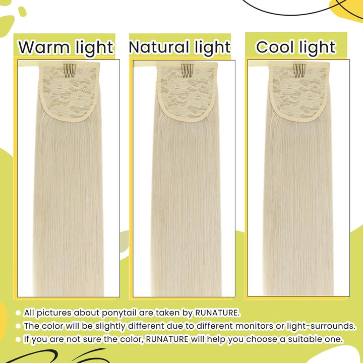 RUNATURE Remy Zopf Extension Echthaar Weiss Blond 55cm/22 Zoll Long Extensions Clip on Ponytail 80g/