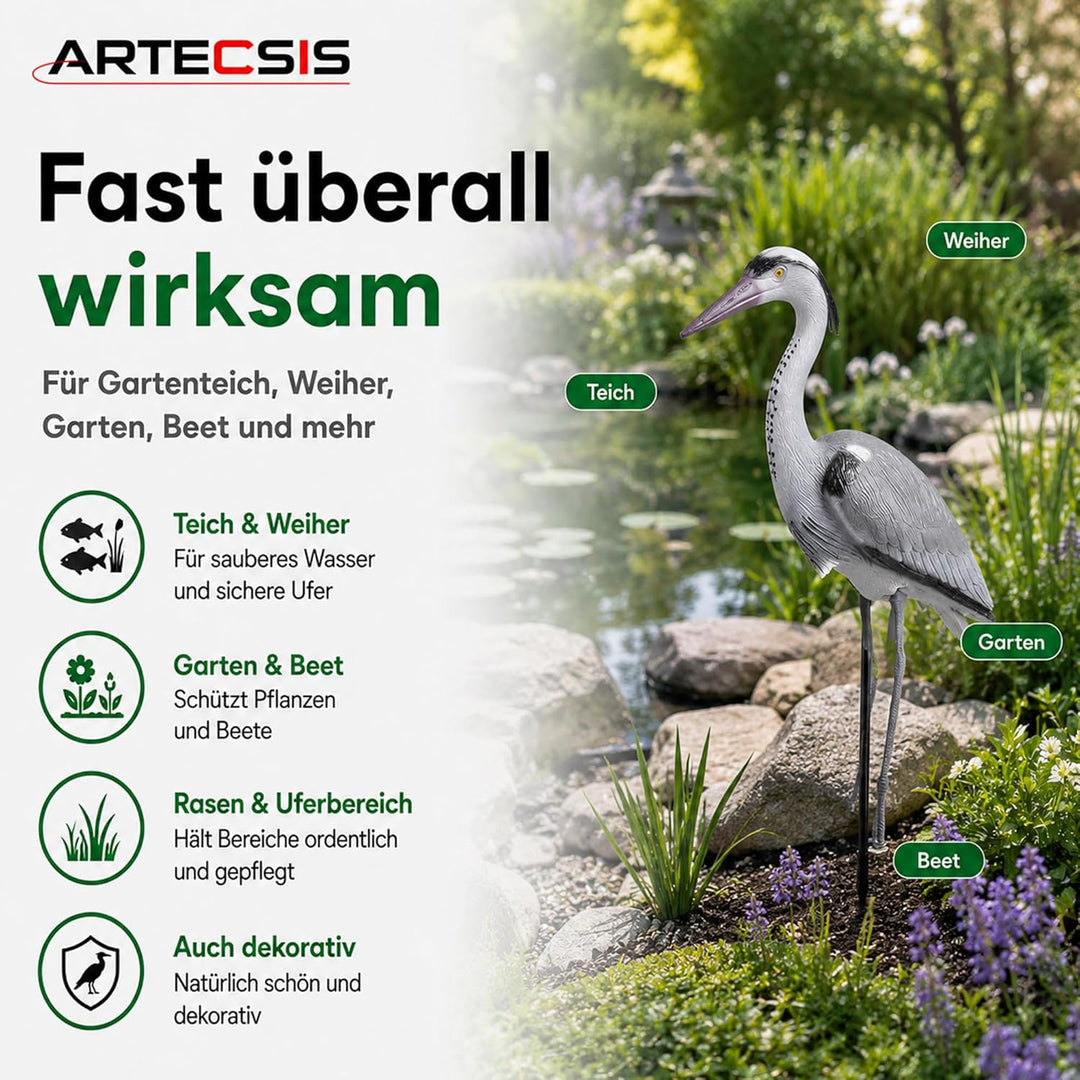 ARTECSIS® 2 x Kunststoff-Fischreiher Attrappe (70 cm) mit Erdspiess aus Kunststoff - Gartenteich Rei