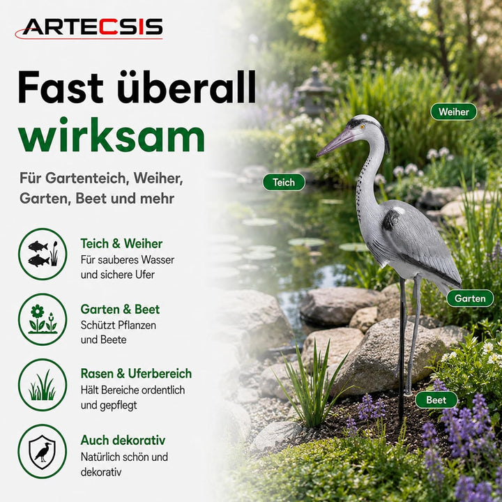 ARTECSIS® 2 x Kunststoff-Fischreiher Attrappe (70 cm) mit Erdspiess aus Kunststoff - Gartenteich Rei