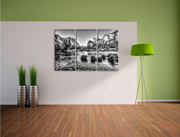 Pixxprint Monocrome, Fluss vor Berglandschaft 3-Teiler Leinwandbild 120x80 Bild auf Leinwand
