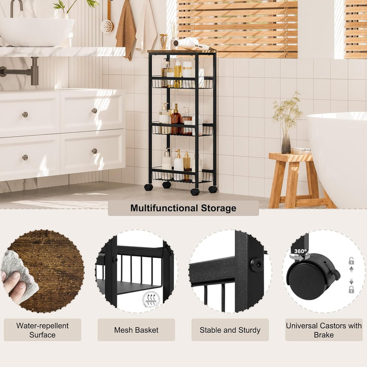 WOLTU Servierwagen, Küchenwagen mit Arbeitsplatte, 3 Metallkörben, Rollwagen mit Bremsen, Nischenreg