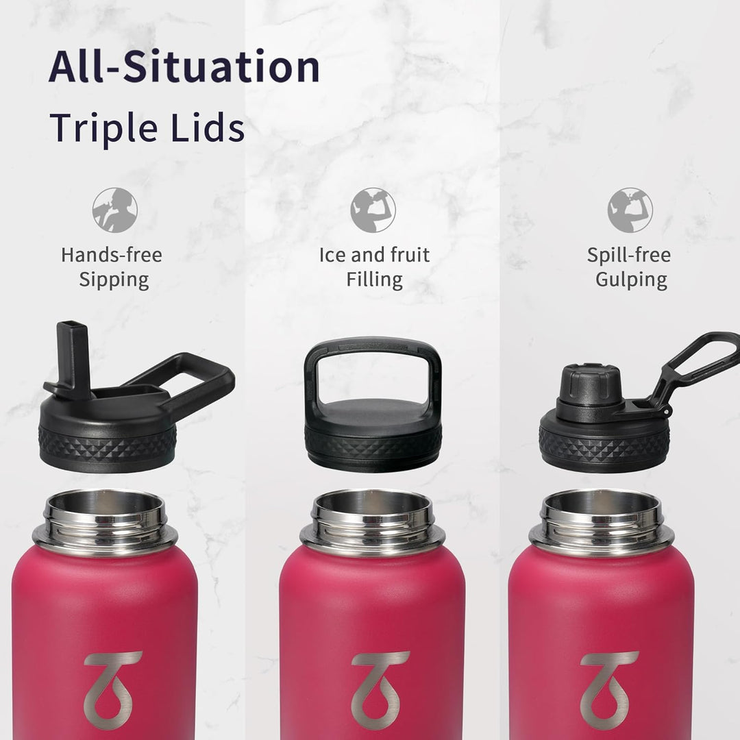 Trebo 946 ml Edelstahl Trinkflasche Isoliert mit Paracord-Griff &amp; 3 Deckeln | Metall Wasserflasche m