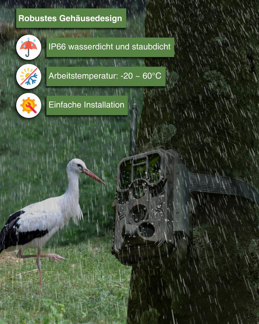 Meidase P200P Wildkamera WLAN, Wiederaufladbarem 8000-mAh-Lithium-Akku, 64MP H.264 1296P, Wildtierka