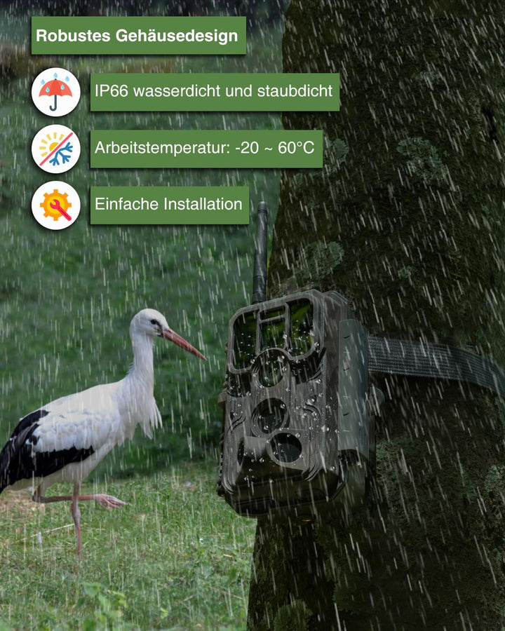 Meidase P200P Wildkamera WLAN, Wiederaufladbarem 8000-mAh-Lithium-Akku, 64MP H.264 1296P, Wildtierka