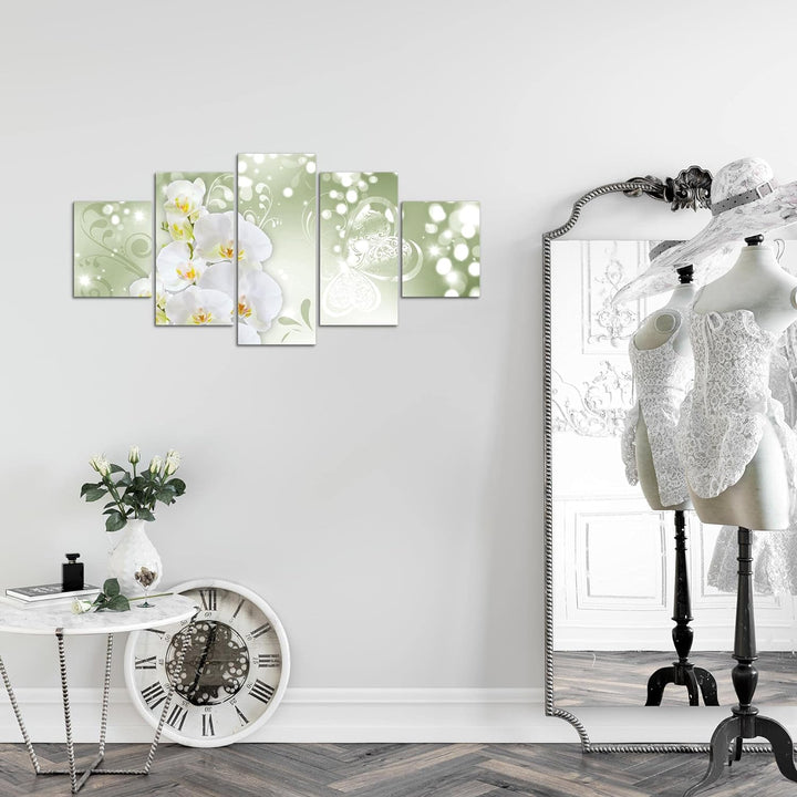 Runa Art Wandbilder Blumen Orchidee 5 Teilig Bild auf Vlies Leinwand Deko Wohnzimmer Abstrakt Grün G