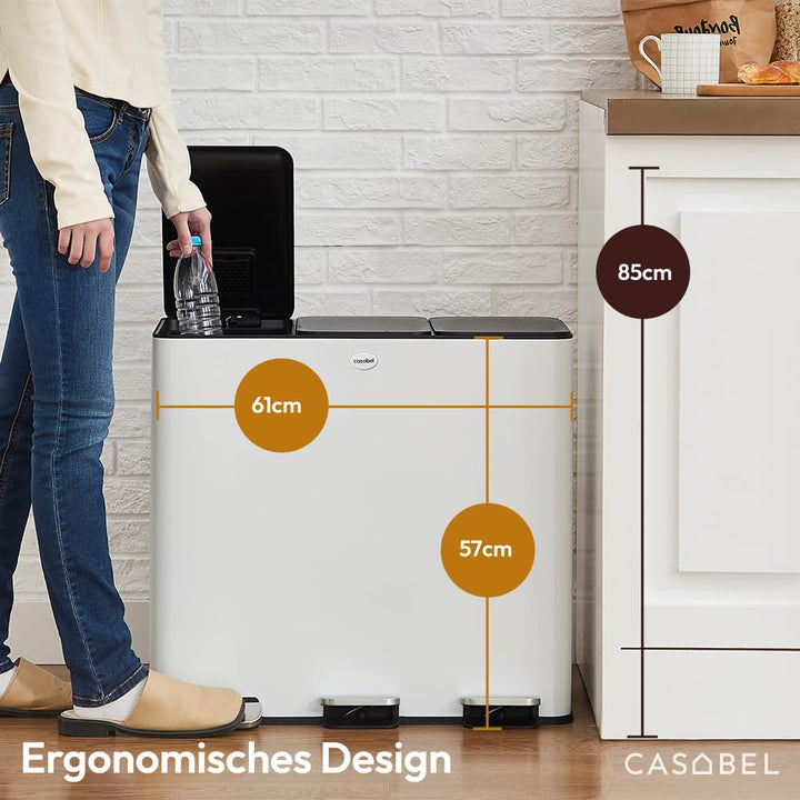 CASABEL Mülleimer Küche 60 L - Mülltrennsystem 3 x 20 L aus Rostfreiem Edelstahl, Rechteckiger Recyc