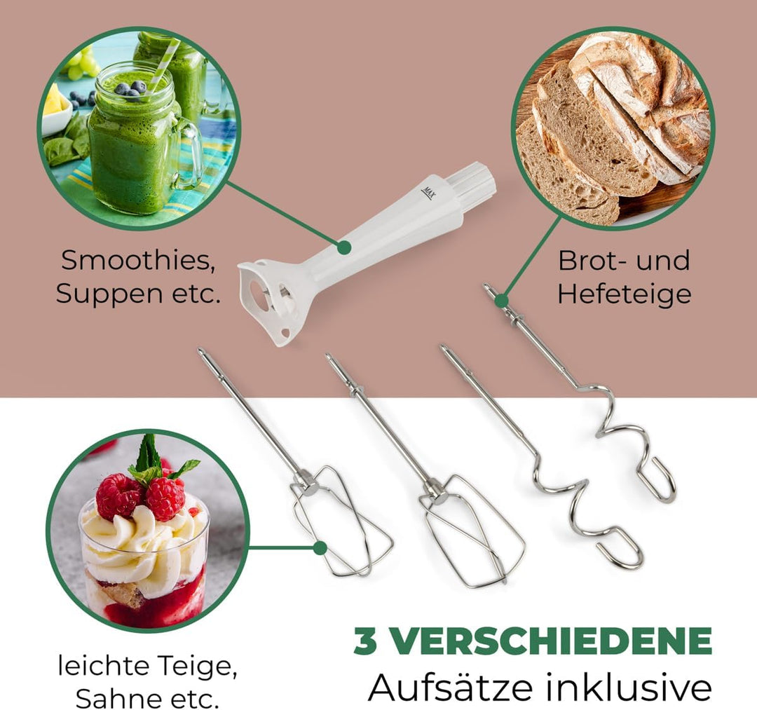 Clatronic Handmixer HM 3524, Set mit Mixstab, Edelstahlquirle & extra lange Knethaken, 5 Geschwindig