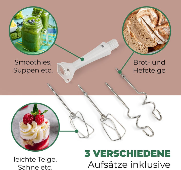 Clatronic Handmixer HM 3524, Set mit Mixstab, Edelstahlquirle & extra lange Knethaken, 5 Geschwindig