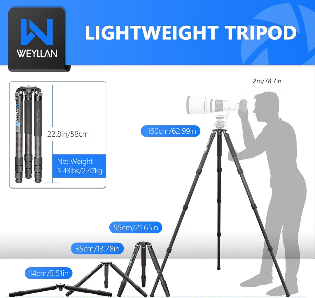 WEYLLAN Carbon Fiber Stativ 160cm, Heavy Duty Stativ Carbon Fiber Stativ Mit 40mm Bein, Carbon Stati