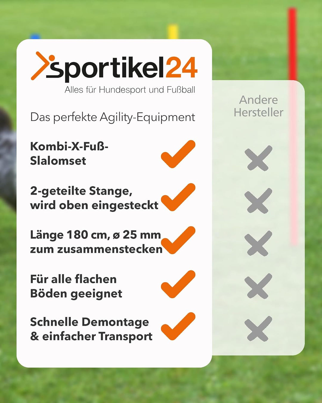 Kombi-X-Standfuss aus Kunststoff &amp; Slalomstange 180 cm – 4er Set – befüllbarer Standfuss – Stange fü