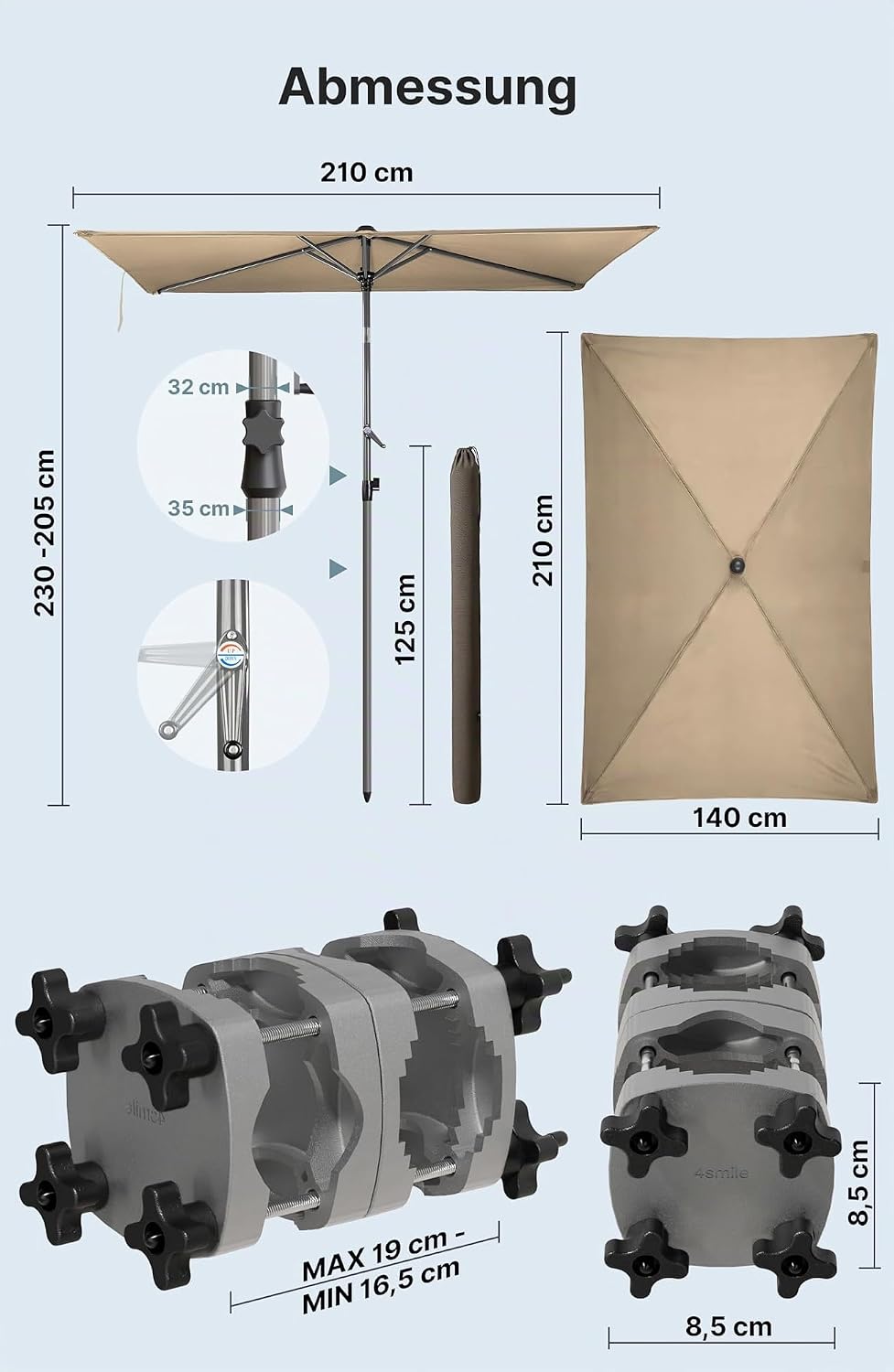 4smile SunnyShade Sonnenschirm Balkon mit Halterung im 3-er-Set, UV 50+, 210x140 cm, Taupe, Sonnensc