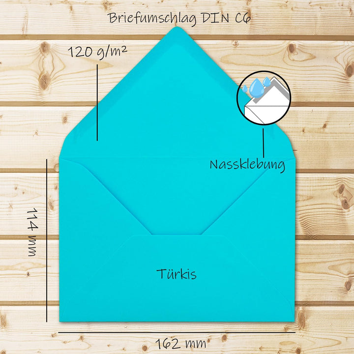 150 Brief-Umschläge - Türkis - DIN C6-114 x 162 mm - Kuverts mit Nassklebung ohne Fenster für Gruss-