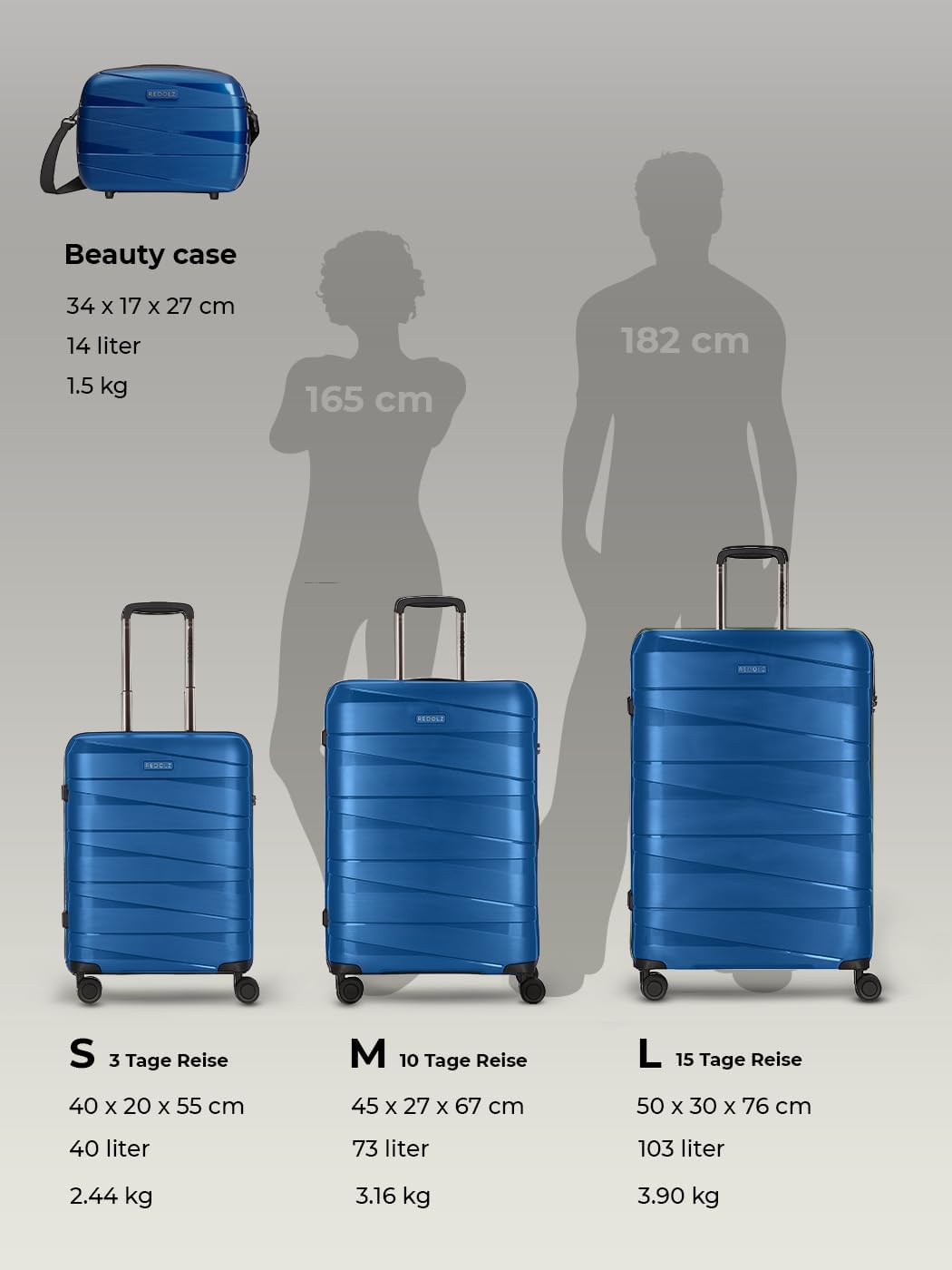 REDOLZ Hartschalen Check-in Koffer | Mittelgrosser Trolley 45 x 27 x 67 cm aus leichtem Polypropylen