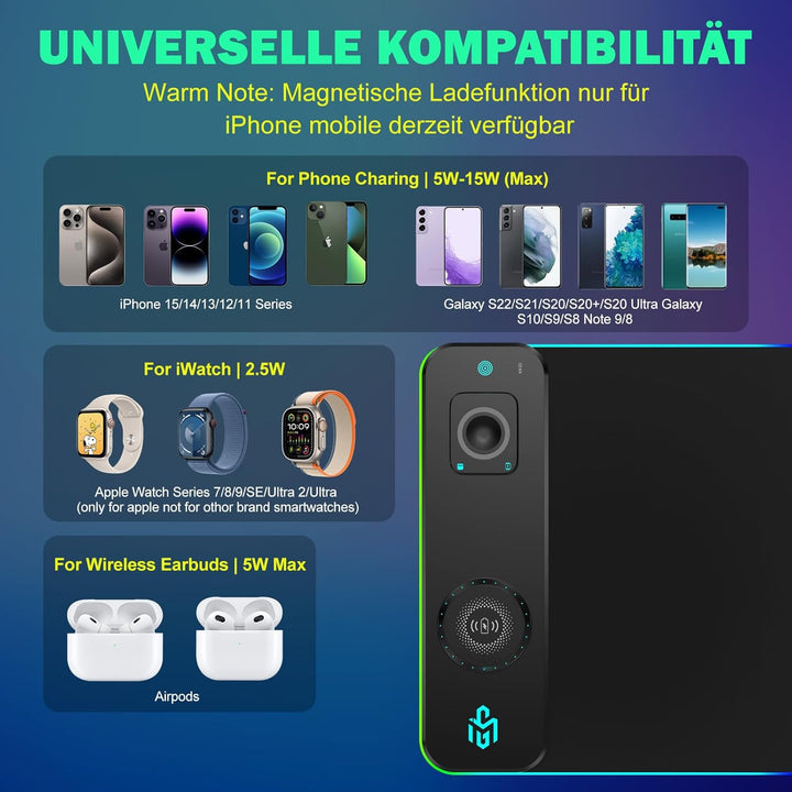 RGB Gaming Mauspad 15W Qi Mousepad LED, 10 Beleuchtungsmodi mit 15W Schnellladung Qi Kabelloses Lade