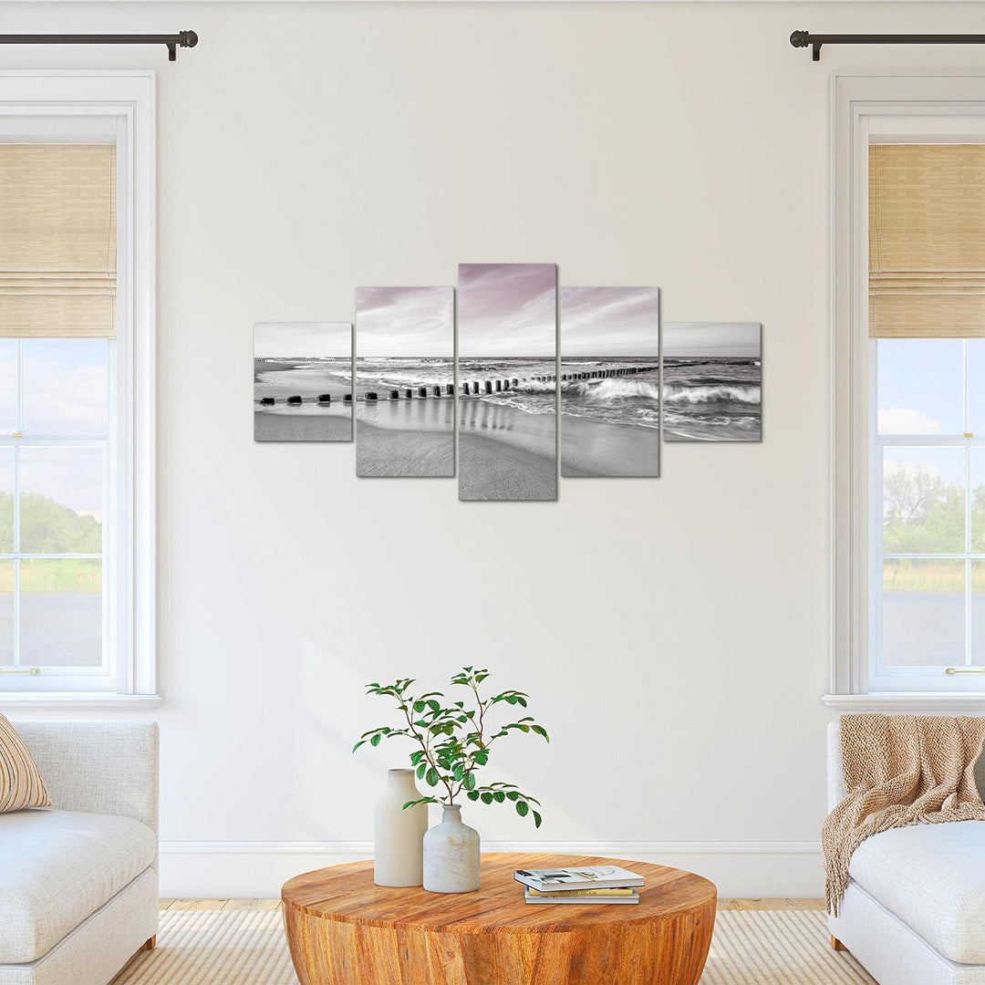 Runa Art Bild Schlafzimmer Wohnzimmer Strand Meer 5 Teilig Landschaft Grau Rosa Wandbilder auf Vlies
