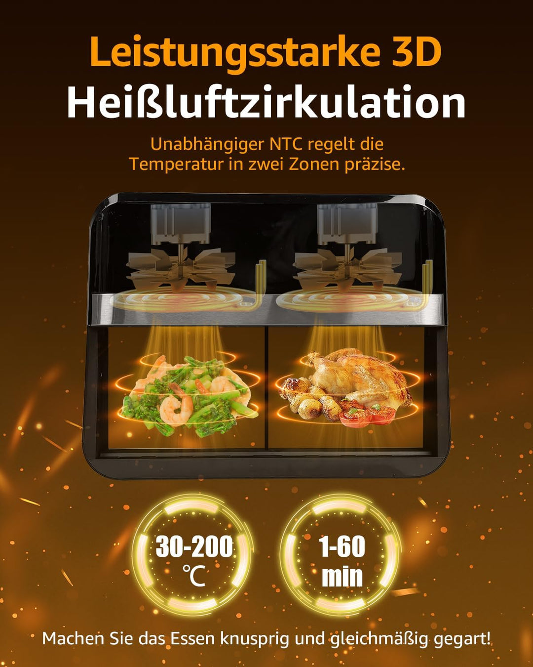 9L XXL Doppelkammer Heissluftfritteuse mit 2 Körben, 8 Programmen & Smart Finish – Dual Zone Airfrye