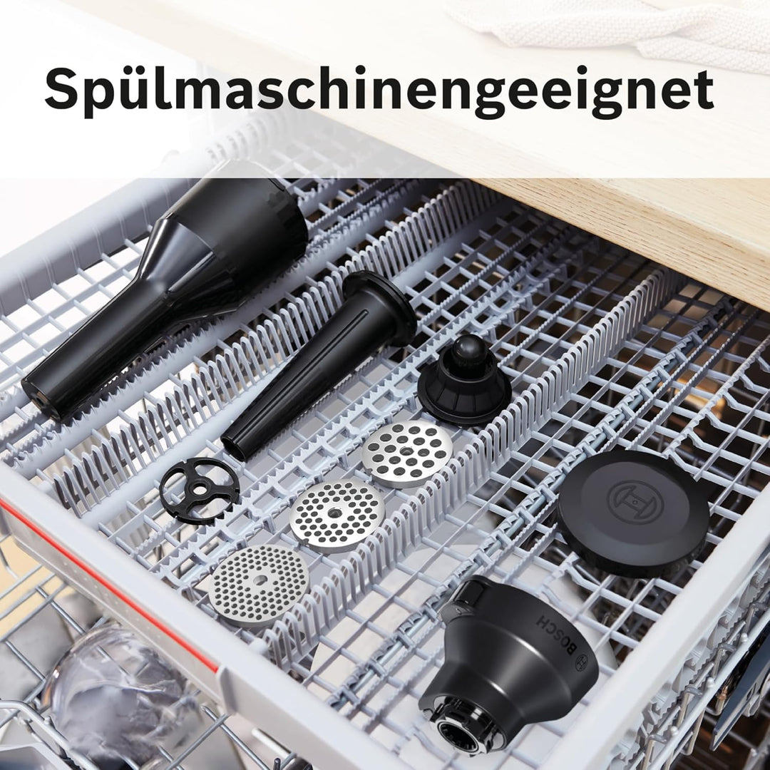 Bosch Zubehör MUZS6HA, Fleischwolf, Lochscheibe 8 mm, Lochscheibe 3 mm, Wurstfüller-Aufsatz, Kebbe-A