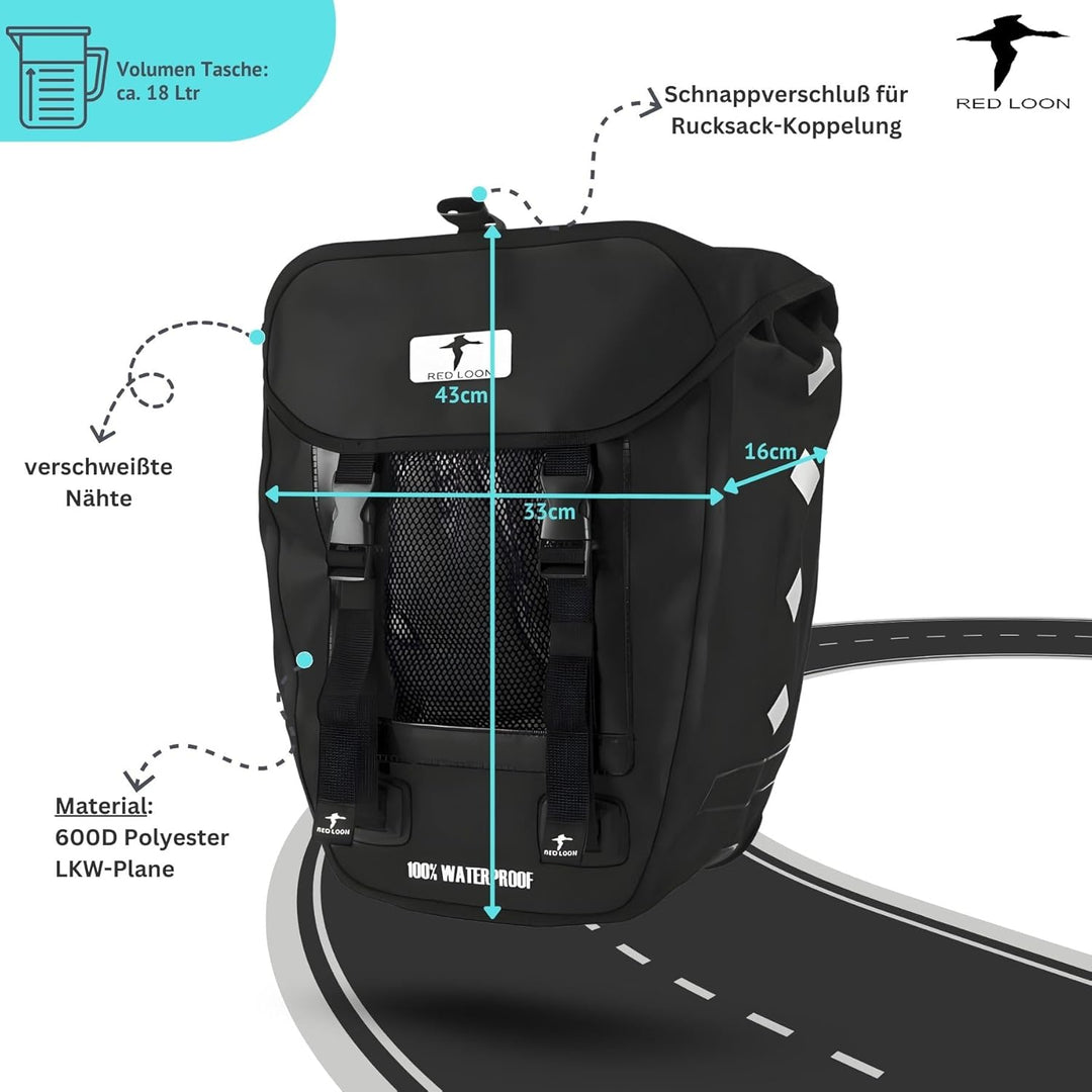 Red Loon R1 x robuste Fahrradtasche aus LKW-Plane – wasserdichte Packtasche für Gepäckträger in Schw