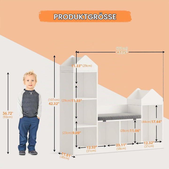 Litake Spielzeugregal Kinderregal mit 8 Fächern und 1 Kissen, Bücherregal Kinder und Spielzeugregal
