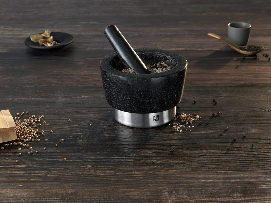 Zwilling Spices Mörser mit Stössel, Ø 11 cm, Granit, Schwarz & Sieb, Edelstahl, 20 cm,22 x 20 x 10 c