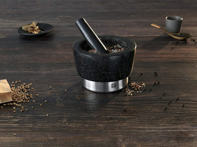 Zwilling Spices Mörser mit Stössel, Ø 11 cm, Granit, Schwarz & Sieb, Edelstahl, 20 cm,22 x 20 x 10 c