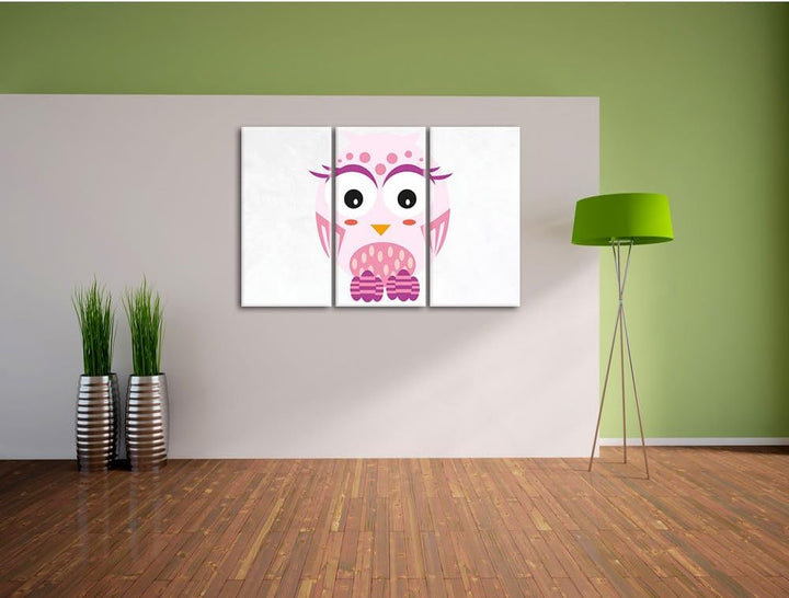 Pixxprint Hübsche rosa Eule weiss 3-Teiler Leinwandbild 120x80 Bild auf Leinwand