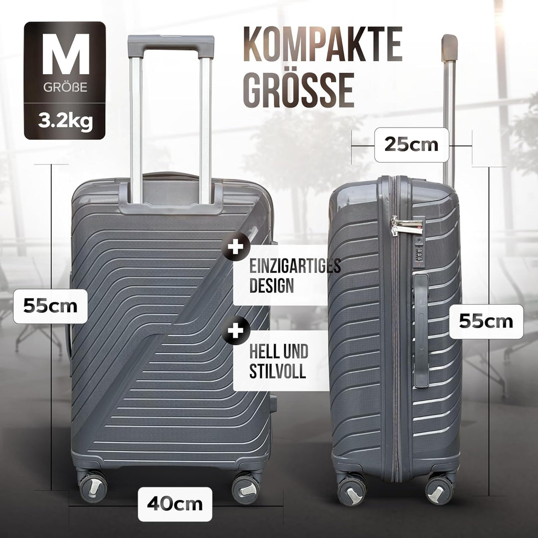 DS-Lux Hartschalen Reisekoffer Grau Grösse M 55x40x25 cm und wiegt 3,2 kg | Hartschalenkoffer Mittel