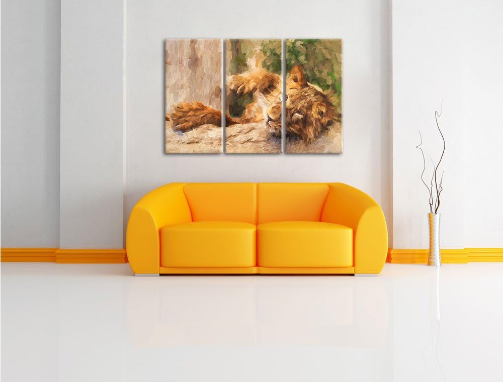 Pixxprint verspielter Kleiner Löwe Kunst / 3-Teilig/Gesamtmass 120cm Leinwandbild bespannt auf Holzr