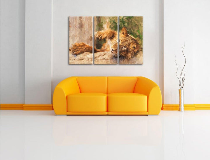 Pixxprint verspielter Kleiner Löwe Kunst / 3-Teilig/Gesamtmass 120cm Leinwandbild bespannt auf Holzr