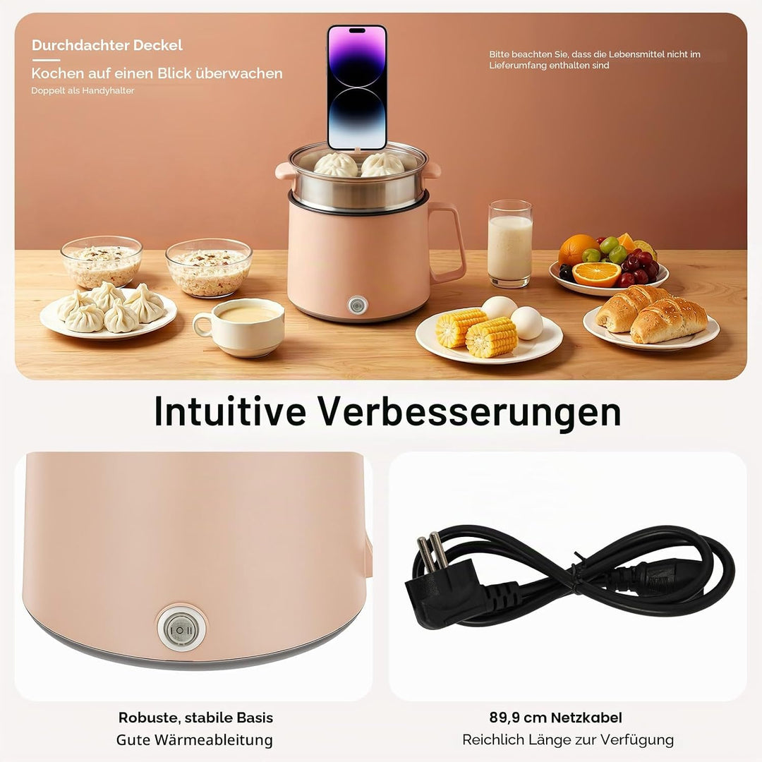 1.7L Elektrische Hot Pot | Mini Multikocher Tragbare Antihaft Topf mit Doppelter Leistungssteuerung,