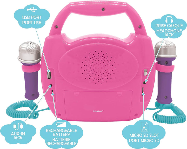 Lexibook MP320UNIZ Einhorn-Tragbarer digitaler Karaoke-Player für Kinder-Mikrofone, Lichteffekte, Bl