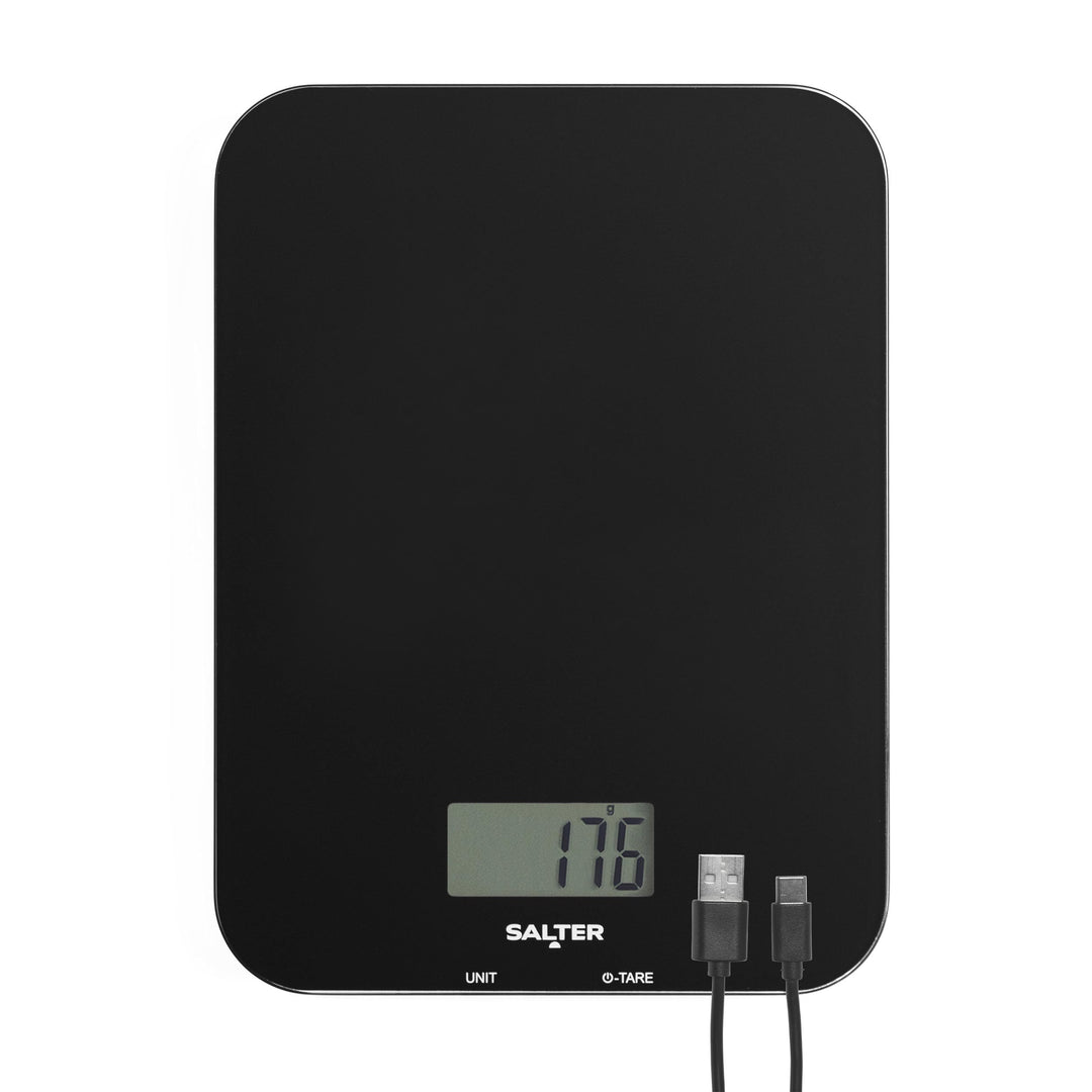 Salter wiederaufladbare Küchenwaage – digitale Waage zum Kochen und Backen, Tare Funktion, USB-Ladek