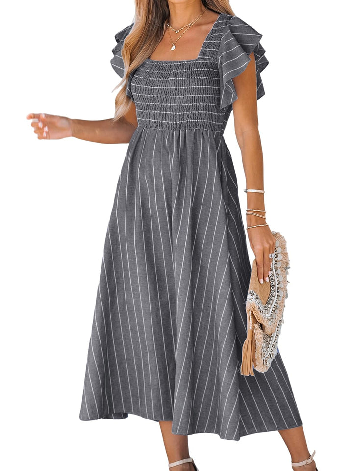 CUPSHE Damen Sommerkleid Quadratischer Ausschnitt Volantärmel Nadelstreifen A Linie Gesmoktes Maxikl