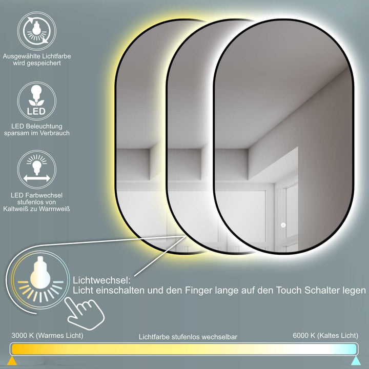 HOKO® Design LED Lichtspiegel oval 45 x 75 cm, Rahmen Matt Schwarz. HOCH + QUER Montage möglich. Bad