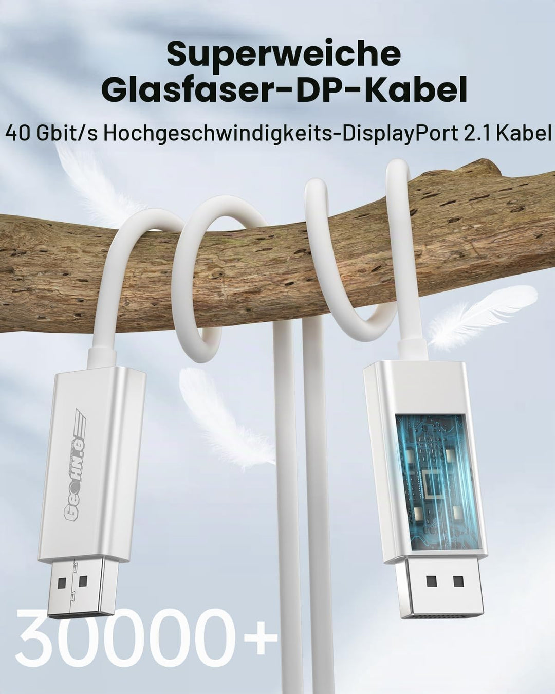 Displayport 2.1 Glasfaserkabel 2M, DP 2.1 Kabel [16K30Hz, 8K60Hz, 4K240Hz], Superflexibles Display P