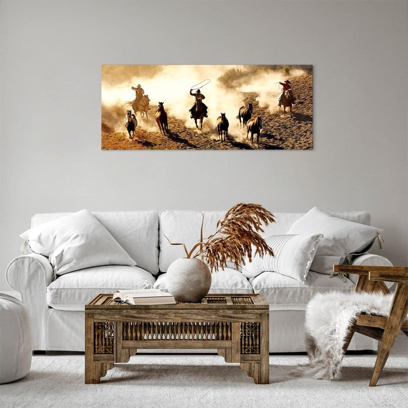 Panorama Bilder auf Leinwand 100x40cm Leinwandbild Cowboys Pferde Galopp Gross Wanddeko Bild Schlafz