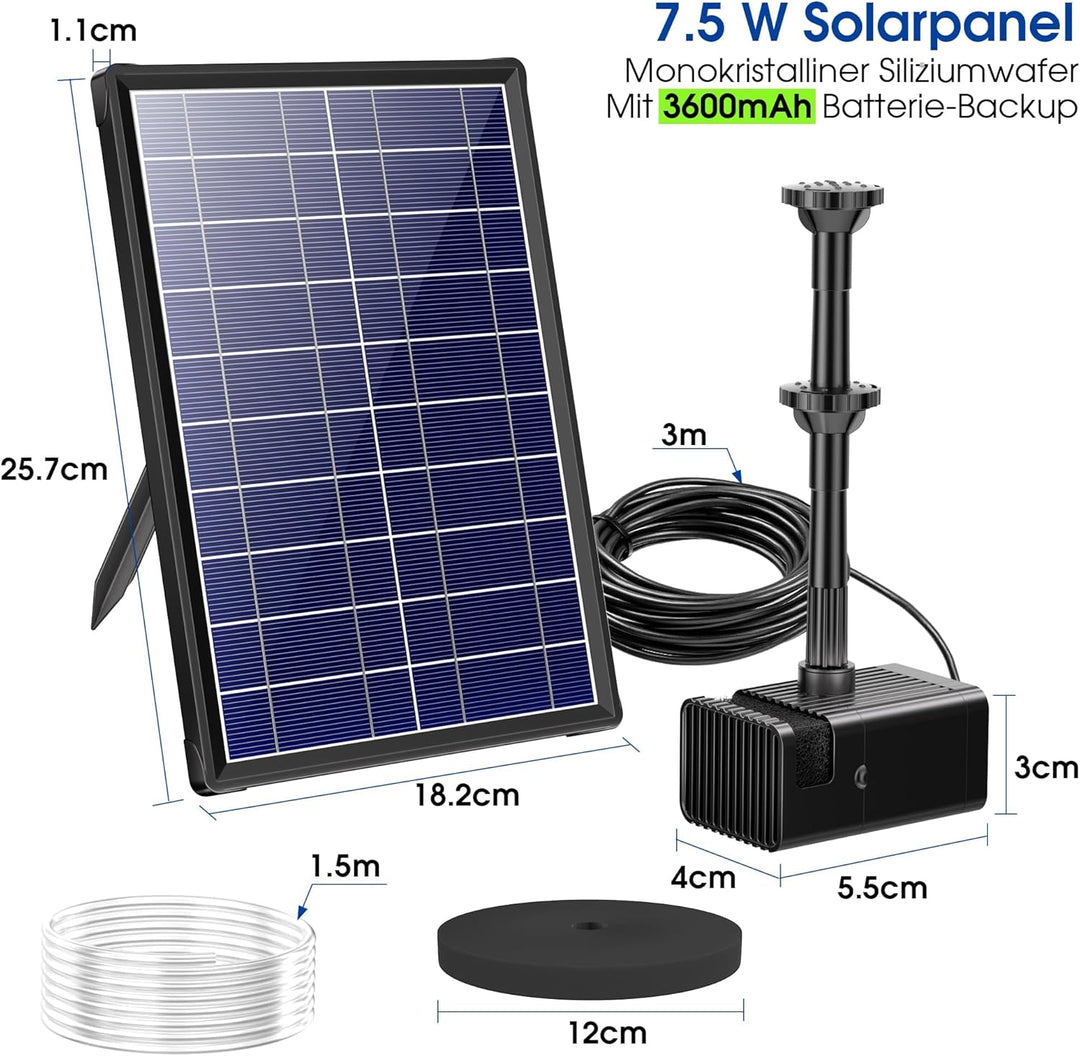 Biling Solar-Springbrunnen mit 7W Solar-Panel, eingebauter 1500 mAh Batterie, Solar-Teichpumpe, Sola