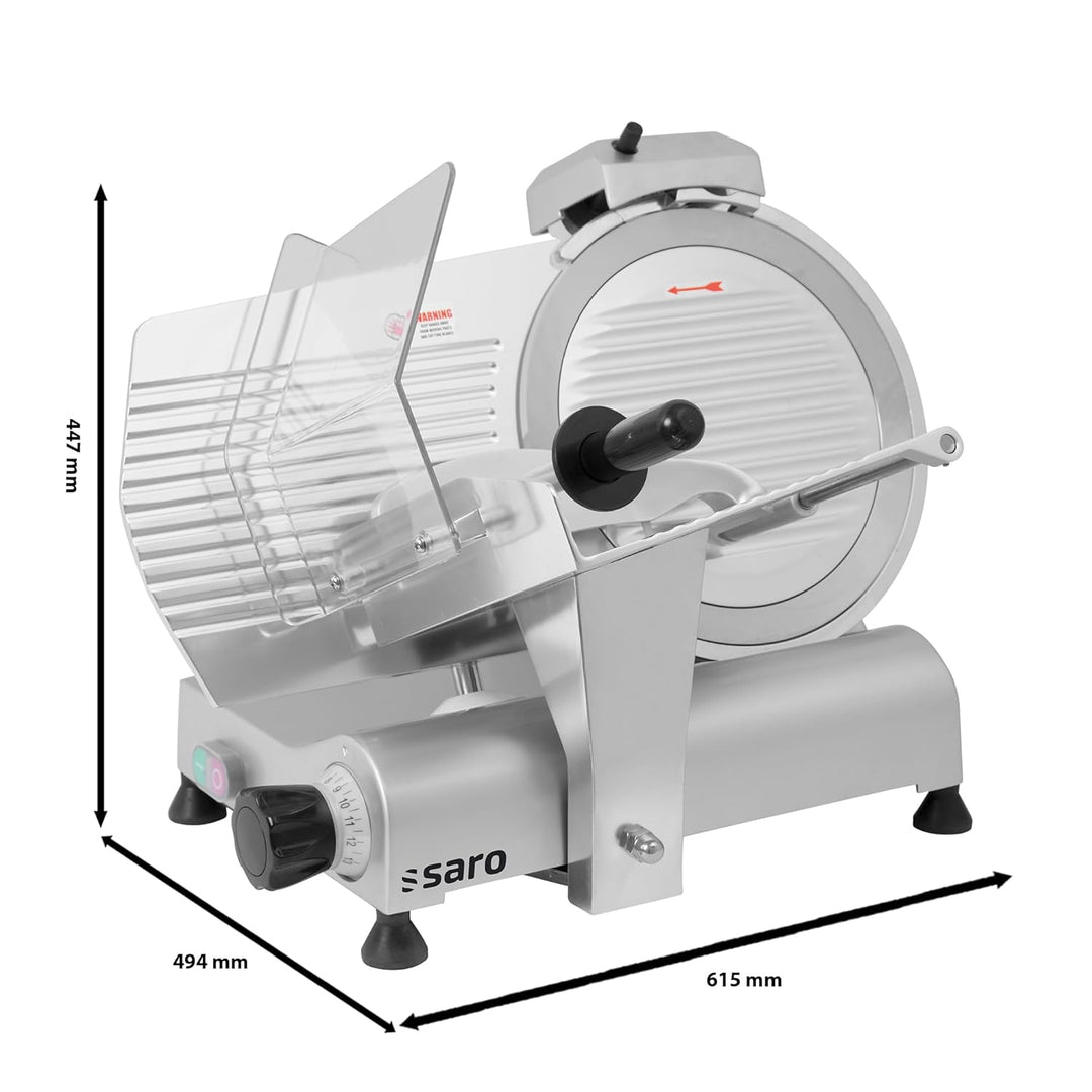 SARO Aufschnittmaschine – Ø 300 mm Klinge – Schnittstärke 0–13 mm – Mit Messerschärfer – Leichtmetal