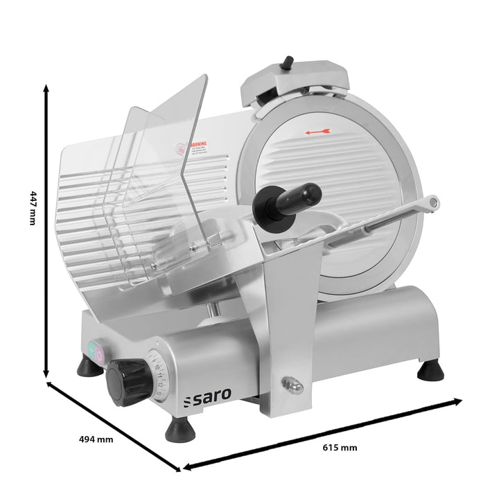 SARO Aufschnittmaschine – Ø 300 mm Klinge – Schnittstärke 0–13 mm – Mit Messerschärfer – Leichtmetal