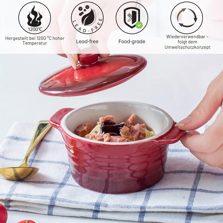 Auflaufform Klein 250ml X 4er, Soufflé Förmchen Mit Deckel - Rot, Creme Brulee Schälchen aus Porzell