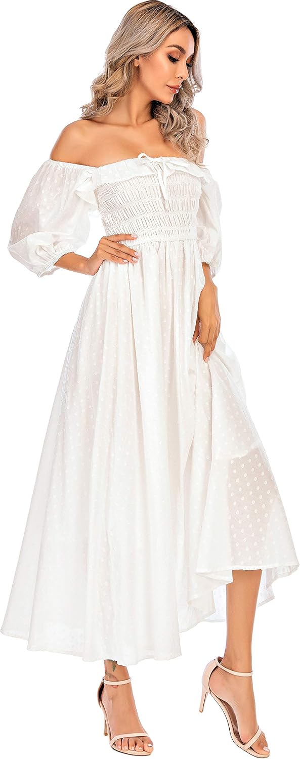 R.Vivimos Damen Polka Dot Slim Fit halbe Hülsenkleider Quadratischer Kragen Langes Midikleid S Weiss