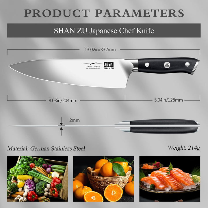 SHAN ZU Küchenmesser Kochmesser Profi Messer, Chefmesser 20cm Deutscher Edelstahl Extra Scharfe Mess