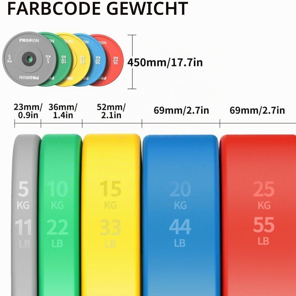PROIRON Hantelscheiben, Olympic Bumper Plates 50mm, 5-25kg, Hartgummi, Hanteln Gewichtsscheiben nach